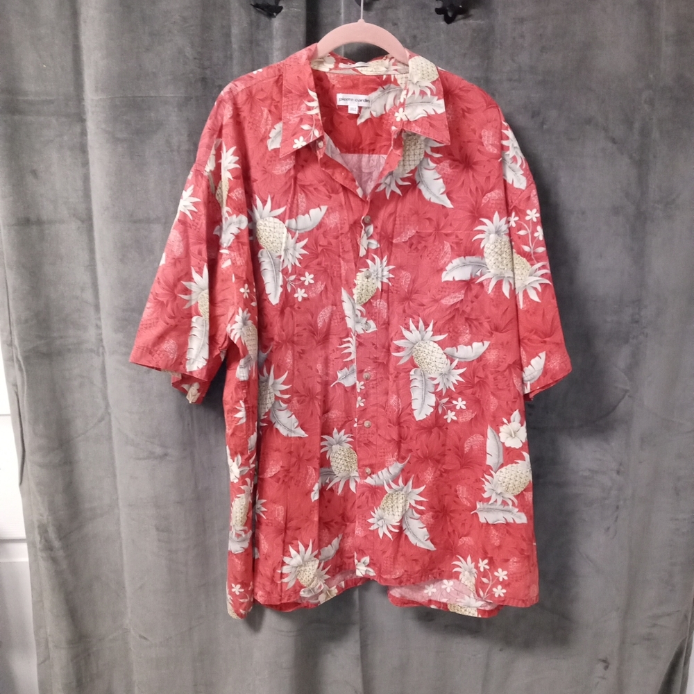 Pierre Cardin Red and Cream Pineapple 100% Cotton Hawaiian Shirt Size 2XL
